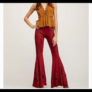 Free People XS Lime Squeeze Pants Red Flare Bell Bottom Embroidered Stretch